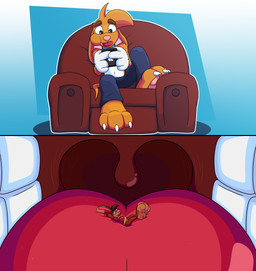 3_toes 4_fingers anthro big_feet big_tongue blep bottomwear cartoon_gloves cheek_bulge clothing collar duo feet fingers macro male male/male mawplay micro pants pawpads paws red_tongue soft_vore soles tail toes tongue tongue_out toony uvula vore wide_tongue doggydog doggydog_(character) roderick_(tamerkoh) toon_doggydog_(doggydog) canid canine canis domestic_dog lagomorph leporid mammal rabbit absurd_res hi_res