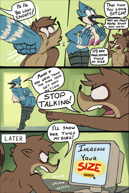 angry anthro anthro_on_anthro areola big_breasts blue_body breast_squeeze breasts brown_body brown_fur butt crossgender dialogue duo female fur genitals interspecies male mtf_crossgender multicolored_body nipples nude nude_anthro nude_female nude_male pink_areola pink_nipples presenting profanity punch size_difference smaller_male speech_bubble squeezing tail teasing text two_tone_body vulva white_body thingshappen cartoon_network regular_show mordecai_(regular_show) rigby_(regular_show) avian bird blue_jay corvid jay_(bird) mammal new_world_jay oscine passerine procyonid raccoon comic english_text hi_res