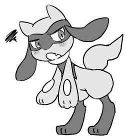 ambiguous_gender anthro blush blush_lines facial_markings fangs fur hair head_markings markings mask_(marking) open_mouth simple_background solo standing tail teeth text white_background yakiniku628 nintendo pokemon generation_4_pokemon pokemon_(species) riolu japanese_text monochrome