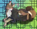 blep blep_kiss cuddling duo female feral fluffy fluffy_chest fluffy_ears fluffy_tail forepaw_on_leg green_background leg_over_thigh licking male male/female neck_tuft paws simple_background tail tail_hold tail_hugging tongue tongue_out tuft glowstone2001 aisenar_(darfix) kicara_(darfix) canid canine canis mammal wolf absurd_res hi_res