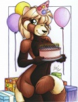 anthro balloon belly birthday black_nose blonde_hair box breasts brown_belly brown_body brown_fur cake candle cheek_tuft clothing container convenient_censorship covering covering_self dessert facial_tuft female food front_view fur gift gift_box gloves_(marking) green_eyes hair hat hat_only headgear headgear_only headwear headwear_only holding_cake holding_food holding_object inflatable looking_at_viewer markings mostly_nude navel party_hat pattern_clothing pattern_hat pattern_headgear pattern_headwear pose smile solo spots spotted_clothing spotted_hat spotted_headgear spotted_headwear tail tail_censorship tuft michele_light ailurid mammal red_panda 2007 absurd_res censored hi_res pinup portrait signature three-quarter_portrait