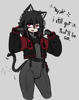 black_hair bulge clothing cropped_jacket cybernetics electronics femboy hair headphones machine messy_hair pose red_eyes skintight_suit tail text tight_clothing probablyavv clancy_(probablyavv) animal_humanoid cyborg felid feline humanoid mammal 2024 hi_res pinup