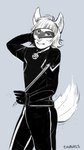 anthro bell bell_collar bodysuit clothing collar cosplay eyemask eyewear grey_background latex male mask simple_background skinsuit solo tight_clothing weapon tinavrls miraculous_ladybug cat_noir fuyu_graycen hybrid 2019 absurd_res digital_media_(artwork) greyscale hi_res monochrome signature