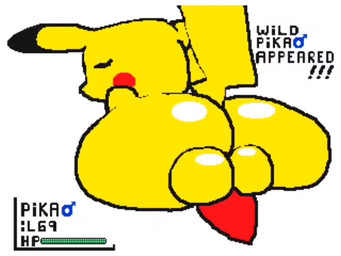 animal_genitalia animal_penis anthro balls big_butt black_eyes butt femboy fur gameplay_mechanics genitals gui health_bar level_number looking_at_viewer looking_back looking_back_at_viewer male penis pokemon_battle presenting presenting_hindquarters raised_tail simple_background solo tail text thick_thighs yellow_body yellow_fur alexdraws sound_warning nintendo pokemon generation_1_pokemon mammal murid murine pikachu pokemon_(species) rat rodent 2023 4:3 animated short_playtime sound video