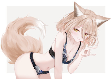 blonde_hair bra breasts cleavage clothed clothing dipstick_tail female fox_hand_gesture hair leaning leaning_forward lingerie looking_at_viewer markings navel panties simple_background smile solo tail tail_markings underwear underwear_only white_tail_tip yellow_eyes yellow_tail sarasadou_dan touhou tsukasa_kudamaki animal_humanoid canid canid_humanoid canine canine_humanoid fox_humanoid humanoid mammal mammal_humanoid hi_res