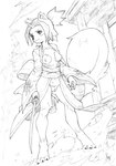 anthro asian_clothing barefoot breasts chest_tuft clothing east_asian_clothing exposed_breasts feet female genitals hair holding_melee_weapon holding_object holding_sword holding_weapon japanese_clothing kemono kimono melee_weapon outside ponytail pussy pussy_tuft smile solo sword tail tuft weapon wind hasuki 2020 2021 artist_name hi_res monochrome traditional_media_(artwork)