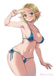 bikini blonde_hair blush breasts clothing female gesture green_eyes hair hand_gesture humanoid_pointy_ears light_body light_skin navel not_furry open_mouth pointy_ears simple_background solo swimwear two-piece_swimsuit v_sign monbetsu_kuniharu nintendo the_legend_of_zelda princess_zelda elf humanoid hylian signature