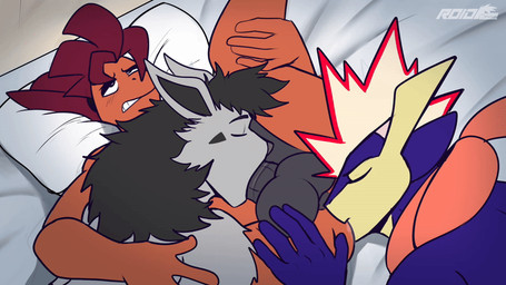 anal anthro bed bed_covers bedding bedding_background bedroom bedroom_sex black_hair bodily_fluids electricity fellatio fur furniture fusion genitals grey_body grey_fur group hair male male/male oral oral_sandwich orange_body orange_scales penile penis pillow pokemon_fusion purple_body purple_skin red_hair rimming rimming_male saliva saliva_on_penis scales sex tongue trio yellow_body yellow_skin roidelcoco nintendo pokemon dimitri_(nezuruiart) fan_character kisei_(nezuruiart) amphibian canid canine frog generation_3_pokemon generation_5_pokemon generation_6_pokemon generation_8_pokemon greninja hybrid hybrid_pokemon lizard mammal mightyena pokemon_(species) reptile salamander scalie scrafty toxtricity 16:9 animated short_playtime widescreen