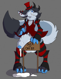 alternative_fashion anthro arm_warmers armwear balls big_balls big_penis big_tail blue_eyes bodily_fluids claws clothing cum cum_drip cum_on_ground currency_amount currency_symbol dollar_sign dripping fellatio_request foreskin front_view fur genital_fluids genitals gesture goth grey_background grey_balls grey_body grey_fur grey_penis grin hand_gesture hat headgear headwear horn huge_balls huge_penis leg_warmers legwear male number oral_request pattern_armwear pattern_clothing pattern_legwear penile_spines penis pointing pointing_at_penis price prostitution red_clothing red_hat red_headwear red_topwear requesting sex_request sign simple_background smile solo striped_armwear striped_clothing striped_legwear stripes symbol tail text topwear crisstail mythology lumikin dragon furred_dragon furred_scalie mythological_creature mythological_scalie scalie english_text hi_res