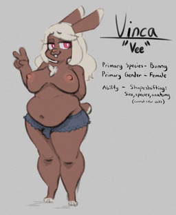 anthro big_breasts breasts brown_body buckteeth bulge chest_tuft clothed clothing detailed_bulge front_view gesture grey_background gynomorph hair hand_gesture intersex looking_aside navel nipples overweight red_eyes simple_background smile solo standing tail teeth text topless tuft v_sign white_hair cinnamimi lagomorph leporid mammal rabbit 2026 english_text hi_res model_sheet