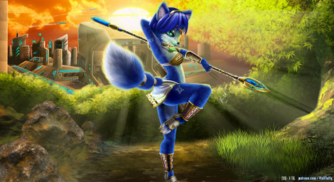 accessory anthro black_nose blue_body blue_fur blue_hair bottomwear breasts building butt butt_pose clothing cloud detailed_background dipstick_tail female footwear fur furgonomics grass green_eyes hair hair_accessory hairband jewelry light loincloth markings multicolored_tail necklace plant pose rock sandals shoes short_hair solo staff sun sunlight tail tail_accessory tail_markings tailband text tree tribal tribal_markings water white_body white_fur v-tal nintendo star_fox krystal_(star_fox) canid canine fox mammal 2018 absurd_res hi_res signature url
