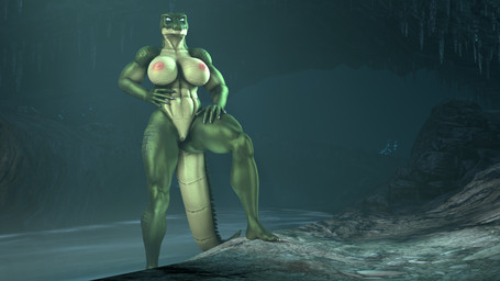 5_fingers 5_toes abs anthro biped blue_eyes blue_light blue_lights breasts cave dark detailed_background feet female fingers glistening glistening_arms glistening_body glistening_breasts glistening_legs green_body muscular muscular_anthro muscular_female nipples non-mammal_breasts non-mammal_nipples partially_submerged solo standing_in_water standing_position tail toes underground water liberarsi petruz_(modeler) crocodile_(petruz) crocodile crocodilian reptile scalie 16:9 3d_(artwork) 4k absurd_res digital_media_(artwork) green_theme hi_res source_filmmaker_(artwork) widescreen