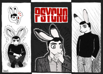 anthro black_hair blood blood_on_knife bodily_fluids clothing fur hair knife male solo sweater topwear turtleneck white_body white_fur mrkaset psycho_(movie) norman_bates hare lagomorph leporid mammal