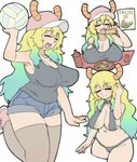 2_horns areola areola_slip baseball_cap big_breasts bikini blonde_hair bottomwear breasts clothed clothed_female clothed_humanoid clothing denim denim_bottomwear denim_clothing denim_shorts eating eating_food eyes_closed female female_humanoid fingers food footwear gradient_hair grey_clothing grey_shirt grey_tank_top grey_topwear hair hat headgear headwear holding_volleyball horn legwear mouth_closed open_mouth open_smile pink_clothing pink_hat pink_headwear shirt shoes shorts simple_background smile solo sport swimwear taco tank_top thigh_highs topwear two-piece_swimsuit volleyball white_background pantsu-ripper miss_kobayashi's_dragon_maid quetzalcoatl_(dragon_maid) horned_humanoid humanoid 2024 digital_drawing_(artwork) digital_media_(artwork) hi_res multiple_images portrait three-quarter_portrait