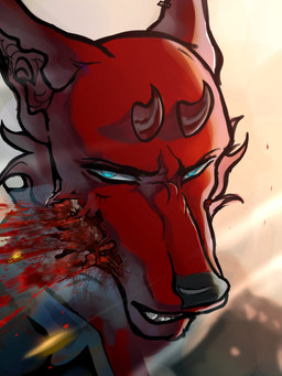 ambiguous_gender anthro bared_teeth blood blue_eyes bodily_fluids bullet bullet_casing bullet_hole bullet_wound dental explosion gore gunshot gunshot_wound half-closed_eyes horn intense_stare lobotomizer mutilation narrowed_eyes nimune open_mouth piercing teeth teeth_showing krampuzzz krampuzzzda canid canine canis demon hybrid mammal wolf headshot_portrait hi_res painting_(artwork) portrait