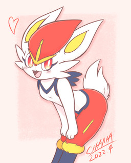 anthro blush fingers fur heart_symbol iris looking_at_viewer multicolored_eyes pink_tongue pupils red_eyes solo tail teeth tongue white_body white_ears white_fur white_pupils white_tail yellow_body yellow_inner_ear chana nintendo pokemon cinderace generation_8_pokemon pokemon_(species) 2022 dated hi_res signature