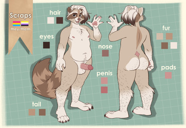 anthro arm_hair balls biped body_hair brown_highlights butt_hair cheek_tuft erection eyewear facial_tuft fangs genitals hair highlights_(coloring) humanoid_genitalia humanoid_penis leg_hair lgbt_pride male male_anthro markings nonbinary_pride_colors nude open_mouth open_smile pansexual_pride_colors penis pride_colors slightly_chubby slightly_chubby_anthro slightly_chubby_male smile solo standing striped_markings striped_tail stripes tail tail_markings teeth text tuft white_hair kyabetsu scraps_manor mammal procyonid raccoon english_text model_sheet nonbinary_(lore)