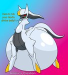 belly big_belly blush dialogue feral huge_belly hyper hyper_belly inflation looking_at_viewer male multicolored_body open_mouth quadruped red_eyes simple_background solo tail talking_to_viewer text white_body arceus_tummy nintendo pokemon arceus generation_4_pokemon legendary_pokemon pokemon_(species) 2024 english_text hi_res