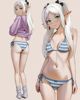 accessory bikini black_ribbon blush bottomwear bow_bikini bow_ribbon breasts butt clothed clothing clothing_lift collarbone ear_piercing ear_ring eyebrow_through_hair eyebrows eyelashes female footwear front_view green_eyes hair hair_accessory hair_bow hair_ribbon hoodie humanoid_pointy_ears looking_at_viewer navel not_furry pattern_bottomwear pattern_clothing pattern_topwear piercing pink_clothing pink_hoodie pink_topwear pointy_ears rear_view ribbons ring_piercing shirt shirt_lift side-tie_bikini simple_background small_breasts smile socks solo string_bikini striped_bottomwear striped_clothing striped_topwear stripes swimwear topwear translucent translucent_hair twin_bows twin_hair_bows twintails_(hairstyle) two-piece_swimsuit white_hair josivalart frieren_beyond_journey's_end frieren elf humanoid 2025 hi_res