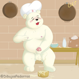 balls blush bodily_fluids bread chef_hat clothing cum cum_on_food detailed_background erection eyes_closed food food_fetish food_play fur genital_fluids genitals hat headgear headwear inside kitchen male masturbation moobs nipples overweight overweight_male penis solo white_body white_fur dibujospedorros bimbo_(bakery) bimbo_bread bimbo_bear bear mammal polar_bear ursine 1:1 hi_res