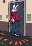 anthro carrot clothing dipstick_ears ear_markings eyewear food footwear glasses holding_bag holding_key holding_object hoodie inside key looking_back male multicolored_ears orange_ear_tips orange_eyes plant rear_view red_clothing red_footwear red_hoodie red_shoes red_topwear scut_tail shoes short_tail solo standing tail topwear vegetable wearing_glasses white_ears raster_dreams raster_dreams_(character) lagomorph mammal 2025 digital_drawing_(artwork) digital_media_(artwork) hi_res signature