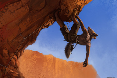 4_toes anthro barefoot biped black_nose canyon clothed clothing feet fur sky solo toes topless trunorth canid canine canis coyote mammal 2015 3:2 digital_media_(artwork)