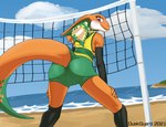 anthro athletic athletic_anthro athletic_female australia australian beach blush bottomwear camel_toe claws clothed clothing feet female flat_chested legwear looking_back mascot net sand seaside solo sport sports_uniform sportswear spread_legs spreading stockings uniform volleyball volleyball_net duskguard 2020_tokyo_olympics olympics royal_australian_mint lizzie_(paralympics_australia) agamid frilled_lizard lizard reptile scalie hi_res