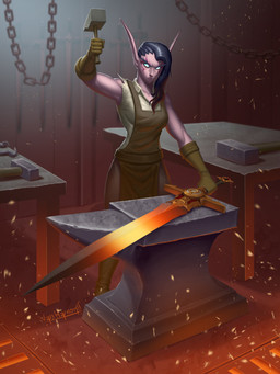 anvil apron breasts chain clothing facial_markings female gloves hammer handwear head_markings holding_hammer holding_melee_weapon holding_object holding_sword holding_tool holding_weapon markings melee_weapon muscular muscular_female not_furry purple_body shirt smithing solo sword tools topwear weapon vanharmontt blizzard_entertainment warcraft elf humanoid night_elf 2025 3:4 absurd_res digital_media_(artwork) hi_res