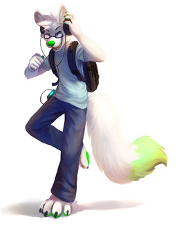 4_toes 5_fingers anthro backpack barefoot biped black_lips clothed clothing electronics eyebrows eyes_closed feet fingers fur green_nose headphones lips male open_mouth portable_music_player simple_background smile solo standing teeth toes tongue white_background white_body white_fur thanshuhai canid canine fox mammal 3:4 digital_media_(artwork) digital_painting_(artwork) hi_res painting_(artwork)