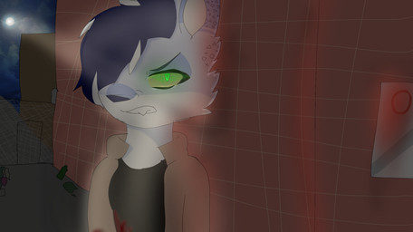 alley angry anthro bleak_ambiance blood blood_on_clothing blood_splatter blue_body blue_fur bodily_fluids clenched_teeth clothing fangs female flat_chested fur glowing glowing_eyes green_eyes highlights_(coloring) light moon moonlight night slim solo symbol symbol_on_head teeth teeth_showing tomboy white_body white_fur white_highlights yellow_sclera unknown_artist lexps6_(character) domestic_cat felid feline felis mammal