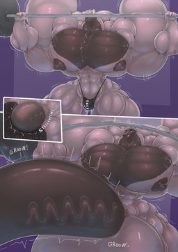 anthro barbell big_muscles big_pecs big_penis expansion genital_expansion genitals green_eyes huge_muscles huge_pecs huge_penis hyper hyper_genitalia hyper_muscles hyper_penis male muscular muscular_anthro muscular_male nipples pecs penis simple_background solo vein veiny_penis aguayin toddevski canid canine fox mammal red_fox silver_fox true_fox comic hi_res