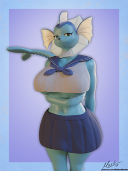 anthro anthrofied bottomwear breasts clothing female navel pokemorph school_uniform skirt solo text uniform hiddenmask18 nintendo pokemon eeveelution generation_1_pokemon pokemon_(species) vaporeon 3d_(artwork) blender_(artwork) digital_media_(artwork) hi_res url