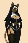 accessory anthro belt big_breasts breasts brown_body brown_fur clothing crucifix female fur jewelry legwear looking_at_viewer nun nun_habit pendant religious_clothing simple_background solo thigh_highs yellow_eyes 9live efimiia_kovaleva domestic_cat felid feline felis mammal hi_res