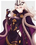 4:5 black_clothing cleavage_cutout cloak clothing corrin corrin_(fire_emblem) crown cutout female female_corrin_(fire_emblem) fire_emblem fire_emblem_fates gold_(metal) gold_jewelry grey_hair hair headgear hi_res humanoid humanoid_pointy_ears jewelry looking_at_viewer manakete nintendo not red_eyes royalty solo trujek