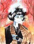 anthro autumn black_body black_fur black_hair clothed clothing costume forest fur green_eyes hair indian ink male outside park plant scarf smile solo suit tree white_body white_fur wunderknodel aimo arctic_fox canid canine fox mammal true_fox 2017 hi_res painting_(artwork) traditional_media_(artwork) traditional_painting_(artwork) traditional_watercolor_(artwork) watercolor_(artwork)