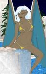 bikini brown_body brown_skin camel_toe clothing female hair irl_trace looking_at_viewer navel nipple_outline pose solo swimming_pool swimwear two-piece_swimsuit white_hair wings fab3716 disney gargoyles delilah_(gargoyles) gargoyle humanoid pinup