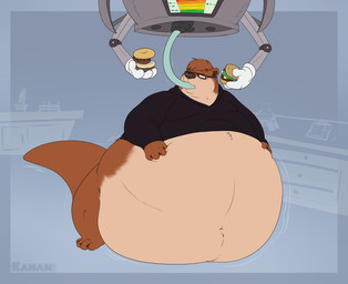 anthro belly belly_jiggle big_belly blush bottomless brown_body brown_fur burger clothed clothing dessert doughnut ear_piercing eating eyes_closed eyewear food fur glasses hand_on_belly hose hose_in_mouth hose_inflation huge_belly hyper hyper_belly inflation inside jiggling machine male moobs morbidly_obese morbidly_obese_anthro morbidly_obese_male obese obese_anthro obese_male overweight overweight_anthro overweight_male pastry piercing robotic_arm solo standing stuffing tan_body tan_fur technology kanancollie mammal mustelid otter hi_res
