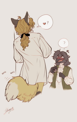 anthro beak biped blush claws clothed clothed_anthro clothed_male clothing duo eyewear fingers fur glasses hair male scutes simple_background speech_bubble tail tail_motion tailwag tatujapa edgar_vladilisitsa joseph_corbeau avian bird canid canine corvid corvus_(genus) fox mammal oscine passerine raven 2025 absurd_res digital_drawing_(artwork) digital_media_(artwork) hi_res signature