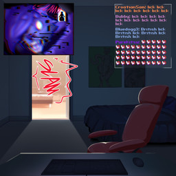 anthro camera chair door furniture inside livestream male male/male stream_chat text vore webcam bubblebnnuy canid canine canis domestic_dog felid feline husky leopard mammal nordic_sled_dog pantherine spitz 1:1 comic english_text hi_res