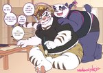 anthro belly blue_eyes blush bottomwear clothing duo eyewear fur glasses hug humanoid_hands kemono male overweight overweight_male purple_body purple_fur shirt shorts sitting text topwear white_body white_fur mangolynx lifewonders tokyo_afterschool_summoners alp_(tas) licho_(tas) bear felid giant_panda mammal pantherine tiger 2020 absurd_res english_text hi_res