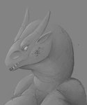 anthro big_breasts breasts female ferrea glowing glowing_eyes horn self_portrait smile solo thick_neck prehistoric_predation mythology dragon mythological_creature mythological_scalie scalie absurd_res hi_res monochrome sketch