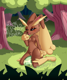 anthro arm_tuft big_ears black_nose black_sclera blush bodily_fluids breasts brown_body brown_fur cheek_tuft dialogue egg eyebrows facial_tuft featureless_breasts feet female floppy_ears forest front_view fur genital_fluids genitals grass holidays kneeling long_ears looking_at_viewer lop_ears open_mouth pink_eyes plant small_breasts solo talking_to_viewer text thick_eyebrows thick_thighs tree tuft vaginal_fluids vulva wide_hips wrist_tuft yellow_body yellow_fur shumpy easter nintendo pokemon generation_4_pokemon lopunny pokemon_(species) absurd_res hi_res