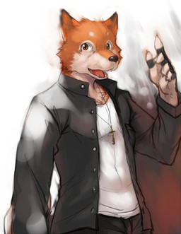 anthro bottomwear button_(fastener) clothed clothing cross cross_necklace greeting jewelry looking_at_viewer male necklace open_mouth pants shirt solo topwear kogawa_kenji canid canine mammal