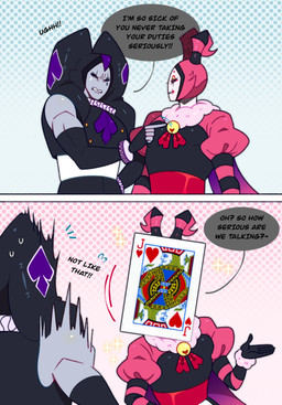 2_panel_comic 5_fingers angry armor arms_bent armwear asking asking_another black_armwear black_body black_clothing black_elbow_gloves black_gloves black_handwear black_sclera black_shirt black_skin black_topwear bodily_fluids card cheek_spots clenched_teeth clothed clothed_humanoid clothed_male clothing dialogue dotted_background duo elbow_gloves empty_eyes fingers for_a_head furrowed_brow gloves grey_body grey_skin half-closed_eyes handwear headgear heart_symbol helmet horn horned_helmet light male male_humanoid markings multicolored_clothing multicolored_topwear narrowed_eyes noseless not_furry pattern_background pattern_clothing pink_stripes playing_card question red_markings shirt simple_background sparkles startled striped_clothing stripes sweat talking_to_another teeth tendrils text topwear unusual_anatomy white_body white_skin yelling yelling_at_another eiffia cardverse too_serious kaine_(eiffia) valentine_(eiffia) cardling humanoid object_head 2025 colored comic digital_drawing_(artwork) digital_media_(artwork) english_description english_text hi_res lighting meme shaded