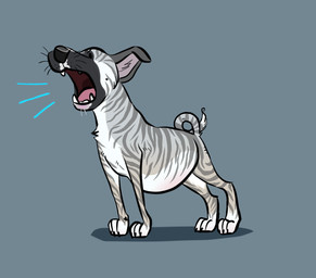 ambiguous_feral ambiguous_gender barking blue_background dot_eyes fangs feral floppy_ears fur grey_body grey_fur markings open_mouth red_tongue simple_background simple_eyes solo striped_back striped_legs striped_markings striped_neck striped_tail stripes tail tail_markings teeth tongue white_body white_fur kodaac canid canine canis domestic_dog mammal