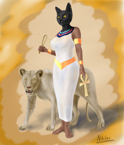 accessory ankh armlet black_body black_fur black_lips black_nose breasts clothing dress duo egyptian female feral fur gold_(metal) gold_accessory gold_jewelry jewelry lips musical_instrument piercing pupils simple_background slit_pupils standing tail tan_body tan_fur tight_clothing tight_dress usekh white_clothing wide_hipped_female wide_hips yellow_eyes nihilusart egyptian_mythology middle_eastern_mythology mythology bast deity felid feline humanoid mammal absurd_res hi_res