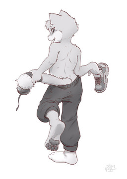 accessory anthro back_muscles bell black_sweatpants bottomwear cat_tail circle_eyebrows clothed clothing cute_fangs eyebrows facial_tuft fangs feet foot_fetish foot_focus footwear furgonomics head_tuft holding_clothing holding_footwear holding_object holding_shoes holding_tail legwear looking_at_viewer looking_back male one_sock open_mouth pants pawpads paws rear_view ribbons shoes shoes_removed simple_background smile smirk sneakers socks solo sweatpants tail tail_accessory tail_ribbon teeth topless tuft white_background white_clothing white_footwear white_socks young young_anthro young_male teien domestic_cat felid feline felis mammal hi_res monochrome shaded