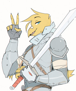 ambiguous_gender anthro armor band-aid band-aid_on_beak bandage beak blue_eyes clothed clothed_anthro clothing gesture hand_gesture melee_weapon open_mouth open_smile side_view simple_background smile solo sword v_sign weapon white_background yellow_body notglacier noah_(notglacier) avian dinosaur hybrid prehistoric_species reptile scalie 2019 digital_drawing_(artwork) digital_media_(artwork) english_description half-length_portrait hi_res portrait