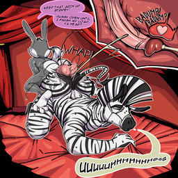 anal anal_penetration anthro ball_clench balls balls_deep bed bedding bedroom big_balls big_penis bodily_fluids cum cum_inside dialogue duo ejaculation feet fur furniture genital_fluids genitals glistening groan heart_(marking) heart_symbol insult internal long_ears long_tail male male/male male_penetrated markings misplaced_prostate moan mohawk muscular muscular_anthro muscular_male onomatopoeia paws penetration penis pink_balls prostate prostate_stimulation prostate_with_heart reverse_doggystyle ripples rough_sex sex short_tail simple_background size_difference small_dom_big_sub smaller_male sound_effects speech_bubble speed_lines striped_body striped_fur striped_markings stripes sweat tail teasing text toes x-ray_view poskapaints looney_tunes warner_brothers batan_(poskapaints) bugs_bunny equid equine lagomorph leporid mammal rabbit zebra 1:1 absurd_res english_text hi_res
