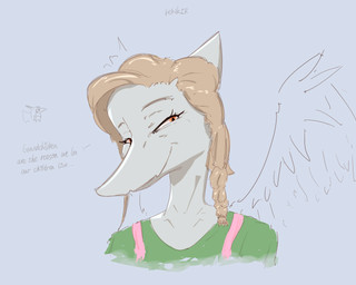 anthro anthro_focus big_eyes blonde_hair blue_body bodily_fluids bone_frill braided_hair chibi clothed clothed_anthro clothed_female clothing eyes_mostly_closed feathered_wings feathers female female_focus frill_(anatomy) front_view green_clothing green_shirt green_topwear grey_background hair long_hair looking_at_viewer markings narrowed_eyes nervous orange_eyes shirt simple_background smile solo solo_focus striped_markings stripes sweat sweatdrop text topwear wings rehikir cavemanon_studios goodbye_volcano_high ko_op_(game_developer) snoot_game fang_(gvh) samantha_(snoot_game) prehistoric_species pterosaur reptile scalie absurd_res artist_name colored hi_res daughter_(lore) mother_(lore) parent_(lore)